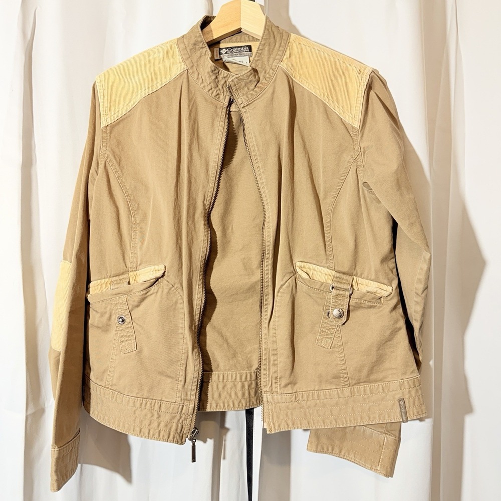 Vintage Columbia Jacket Womens Medium Full Zip Tan Beige Corduroy Elbows Collar